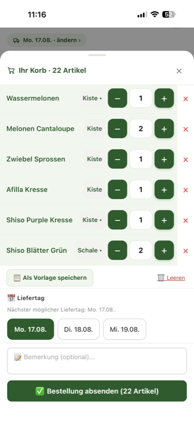 Bestellportal am Handy: Warenkorb mit 22 Artikeln — Melonen, Sprossen, Afilla Kresse, Shiso — darunter die Wahl des Liefertags und der Knopf zum Absenden.